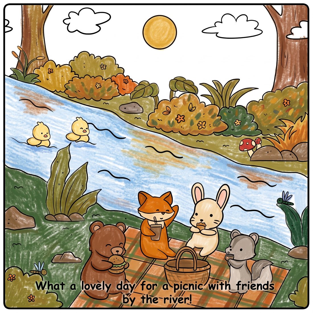 Colored page: the friends picnic by a blue river with ducklings